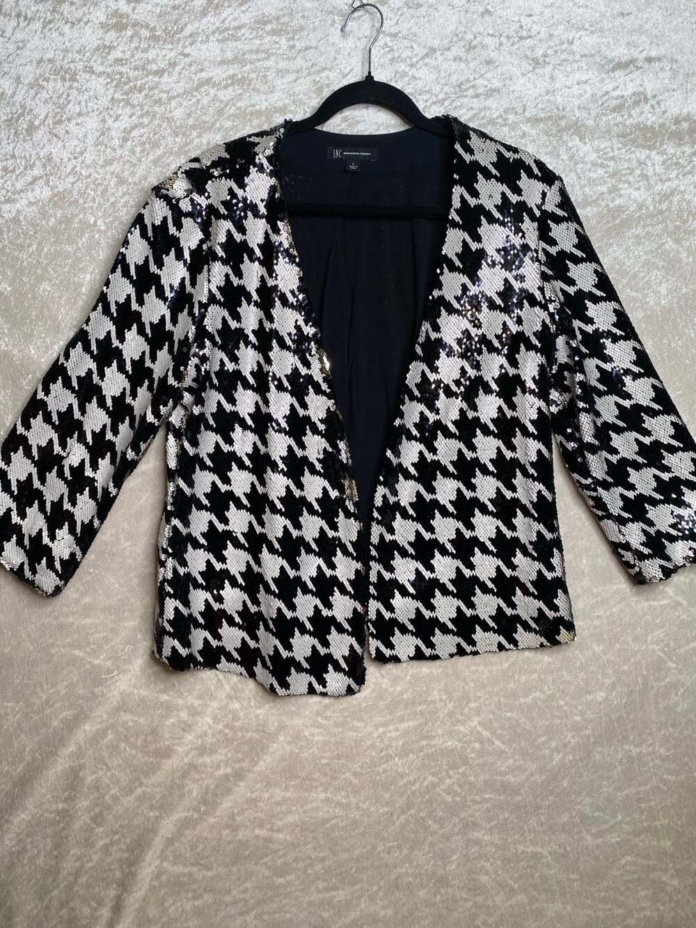 INC International Concepts Houndstooth Sequin Blazer Size L Black White
